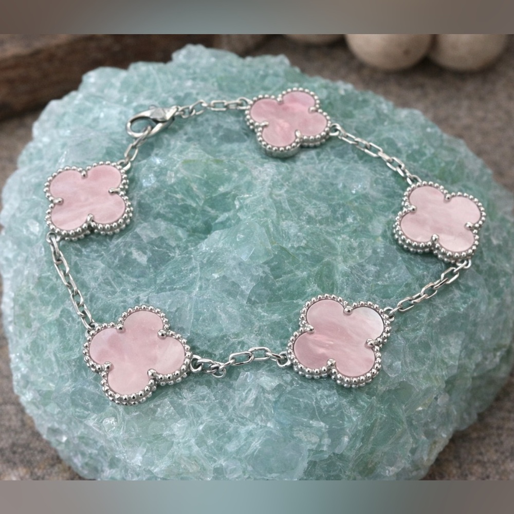 925 silver  Clover pink Charm Bracelet 7.5 in NEW - Picture 2 of 11